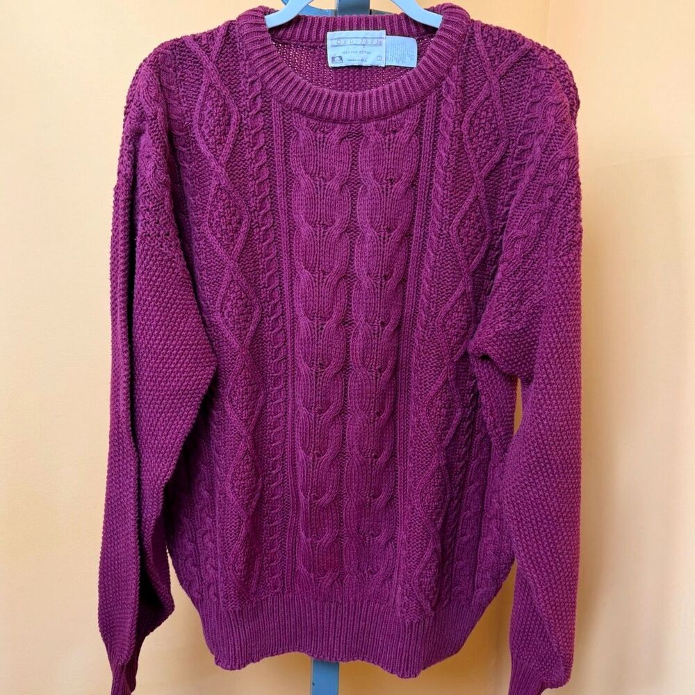 Vtg 80s 90s Lord Jeff Cable Knit Fisherman Sweater Mens L 100% Cotton Plum USA